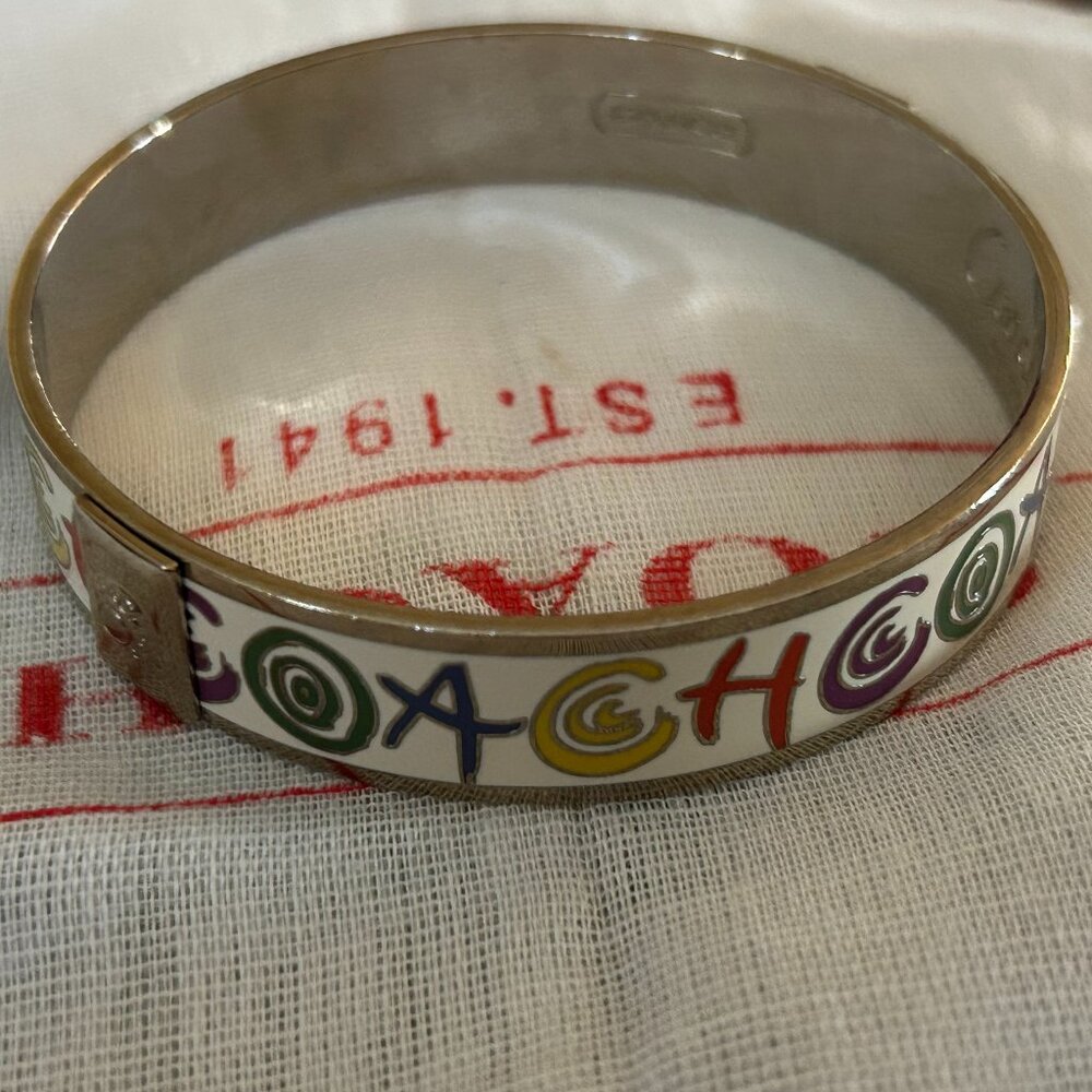 COACH ENAMEL MULTICOLOR LOGO BANGLE BRACELET WITH DUST BAG NWOT